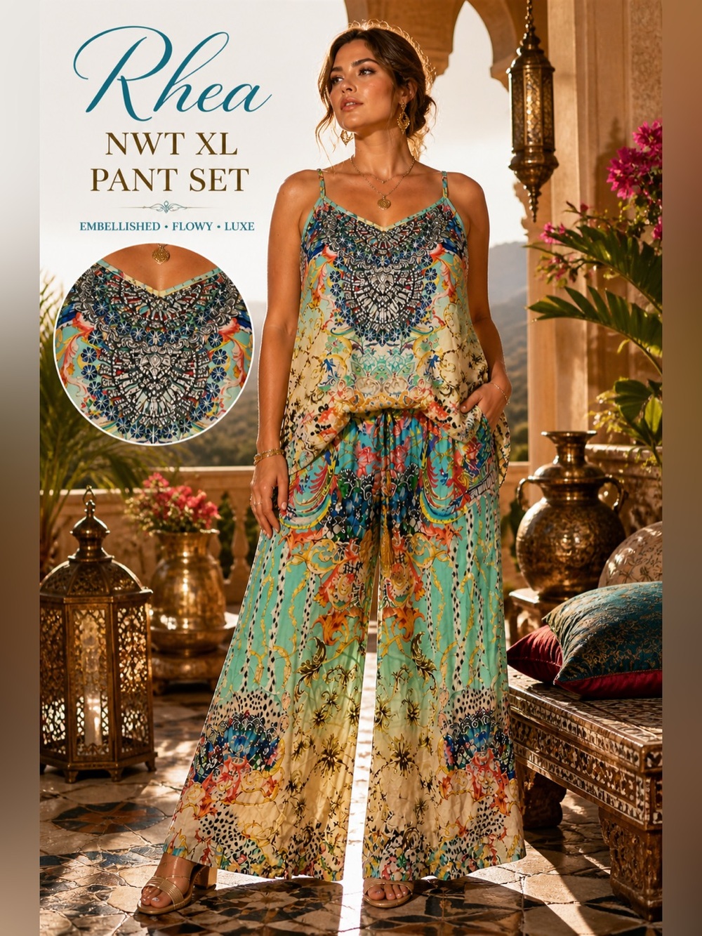 Rhea NWT XL Boho Luxe Embellished Pant Set Viscose Crepe Wide Leg Resort Wear